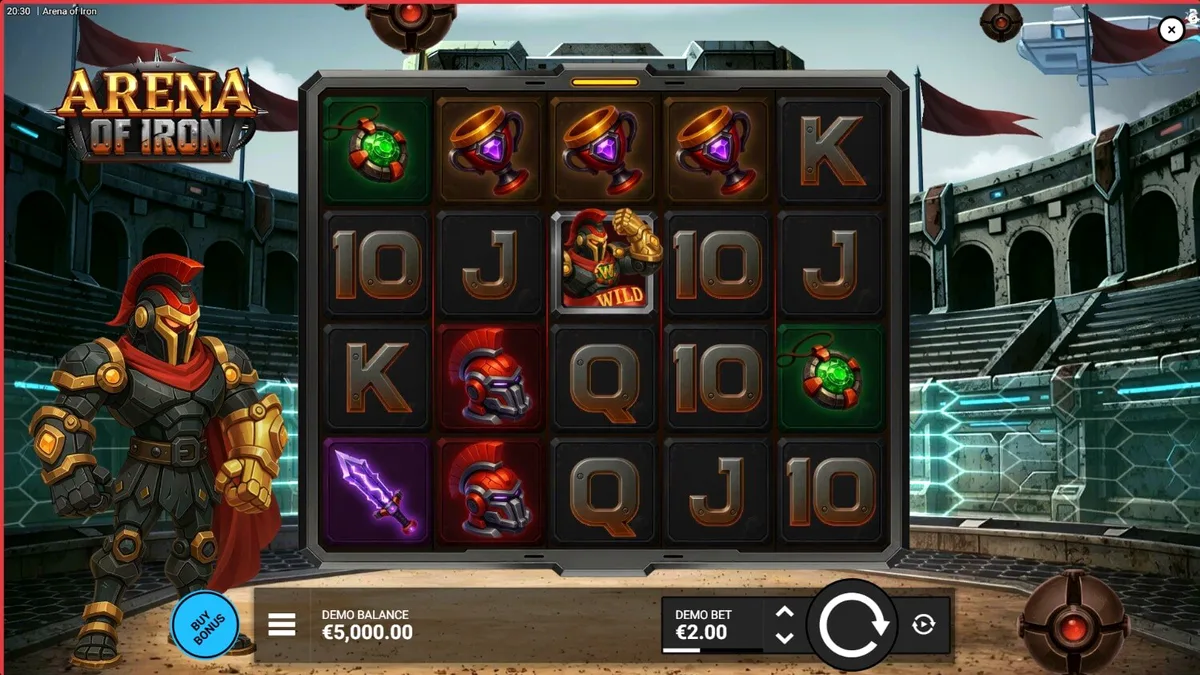 Tampilan visual futuristik dari slot Arena of Iron dengan tema gladiator robotik.