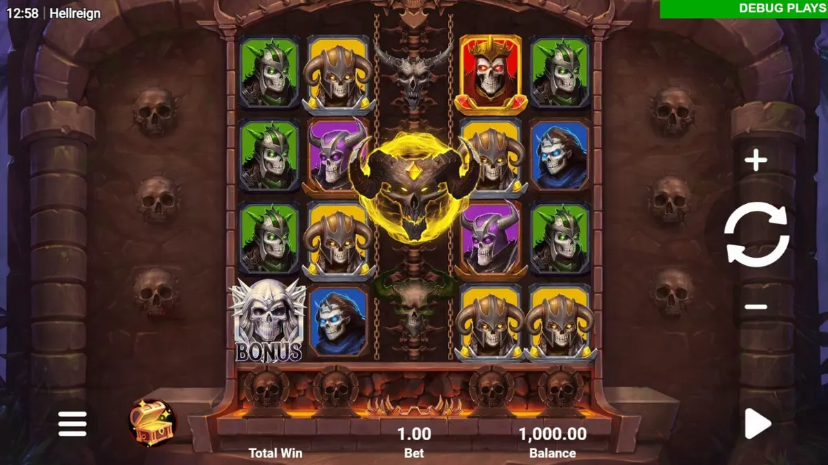 Tampilan visual slot Hellreign Scatter Magnet dengan nuansa neraka yang gelap dan berapi-api.